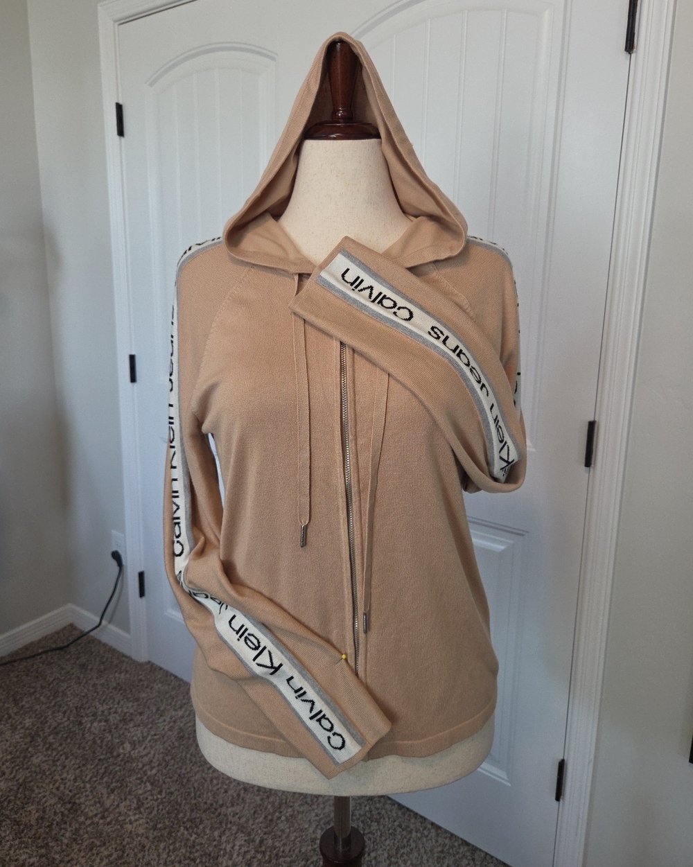 Calvin Klein Tan Logo-Trim Zip Hoodie Large
